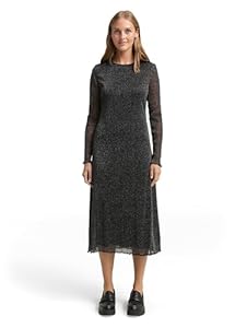 TOM TAILOR Denim Damen 1048607 Midi-Meshkleid mit Glitzer-Effekt, 39234-Black with Silver, XL