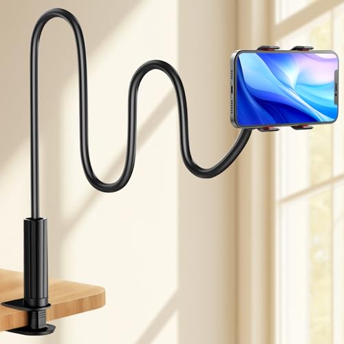 MEMOEVER Gooseneck Phone Holder Flexible Lazy Arm Moble Stand for Bed Desk Table with 360 Adjustable Clamp 360 Overhead Phone Mount Clip for iPhone Samsung Series