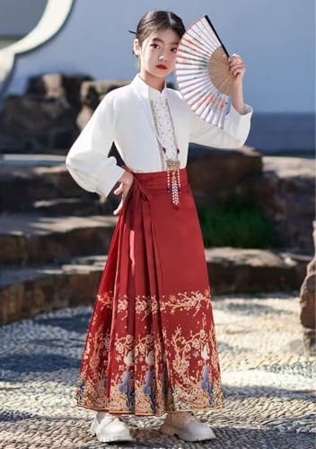 Chinese Hanfu Dress for Girls, Horse Face Skirt Chinese Classical Style Long Sleeve Ancient Costume (Red, 140cm)