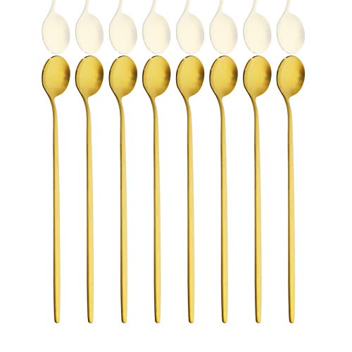 8 PCS 787-Inch Long Handled Satin Finish Gold Color Iced Tea Coffee Spoons Cold Drink Spoons Stirring Spoons For Restaurant Catering Uniturcky Matte Commercial Quality Silverware Flatware Set