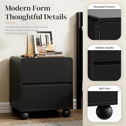 Image of Furniway Black Nightstand Set of 2, Modern 2 Drawer Bedside Table with Curved Profile Design and Handle-Free Drawers, Modern End Table with Storage for Bedroom