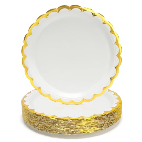 PARTY GO Lot de 50 assiettes en carton blanc avec bord ondulé pour dîner et dessert, idéales pour les remises de diplômes, les mariages, les fêtes...