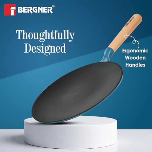 Image of BERGNER Excalibur Lightweight Cast Iron Roti Tawa 26cm, Sturdy Wooden Handle, Non-Stick Coating, PFAS Free, Perfect Heat Distribution, Elegant Design - Induction and Gas Stove Ready (Blue)