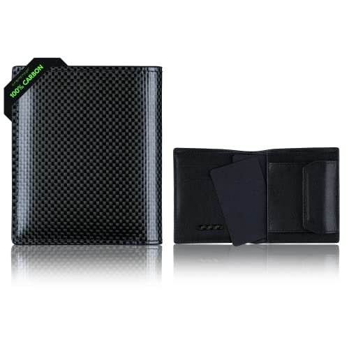 CRBNCNCPT® Carbon Billetera Hombres Fibras de Carbono y Cuero (Cuero Real) | Cartera con Monedero con imán | 10 Ranuras para Tarjetas | Cartera | Negro - Pequeño - RFID Cover