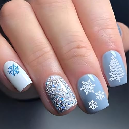 Christmas Short Coffin Press-On Nails - Baby Blue Winter Gel With...