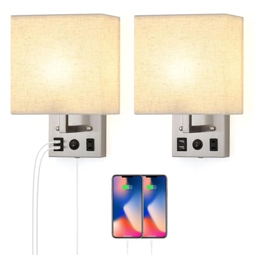 Image of BTY Modern Wall Sconces Set of 2, Wall Lamps Bedroom Plug in with USB Charging Ports AC Socket Sconces Wall Lighting for Living Room Hallway, Silver(2 Bulbs Included)