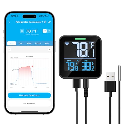 Chtoocy WiFi Refrigerator Thermometer with Freezer Alarm Digital Fridge Temperature with App Alert Loud Buzzer & Indicator Alarm 1-Year Data Export Freezer Monitor for Kitchen Fish Tank Hot Tub