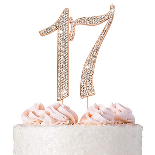 17 Cake Topper - Premium Rose Gold Metal - 17Th Birthday Party Sparkly Rhinestone Decoration Makes A Great Centerpiece - Now Protected In A Box #TOP20