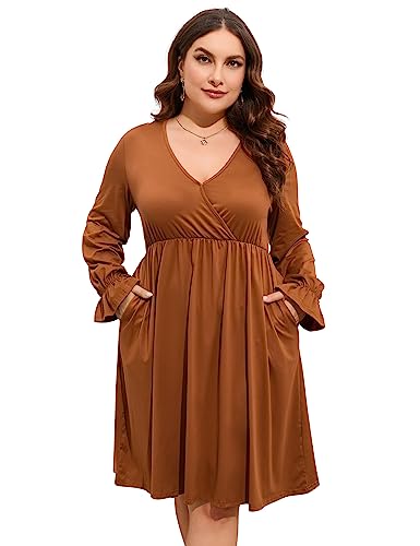 Image of ShopWonder Plus Size Dress Women's V Neck A-Line Knee Length Wrap Swing Dresses Plus Size A Line Party Mini Dress
