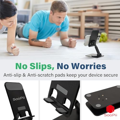 Image of SOOPII Rotatable Cell Phone Stand, Fully Adjustable Foldable Desktop Phone Holder, Height Adjustable Phone Stand with Charging Hole, Portable, Compatible with All Smart Phones, e-Reader, Black