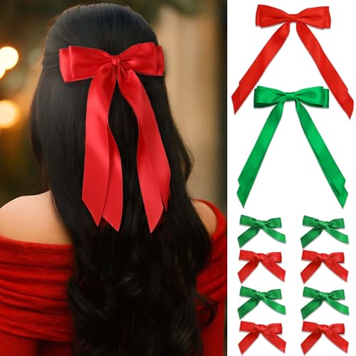 STGDAK Hair Bows Red Ribbon Bow Double Layer Tails Christmas Bow Clips Small Bowknot Barrettes Green Festival Hair Accessories For Girls Women Christmas Party Prom Decor 10 Pcs