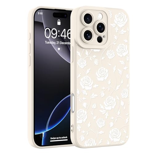Image of Designed for iPhone 16 Pro Max Case, Cute Rose Flower Floral Pattern Design, Slim Soft TPU Liquid Silicone Protective Cover for Women Girls - White