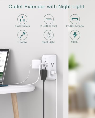 Addtam Surge Protector Outlet Extender, Plug Extension Outlet with Night Light, 5-Outlet Splitter and 4 USB Ports(2 USB C), Multi Plug Wall Outlet for Home Office Dorm Room Essentials