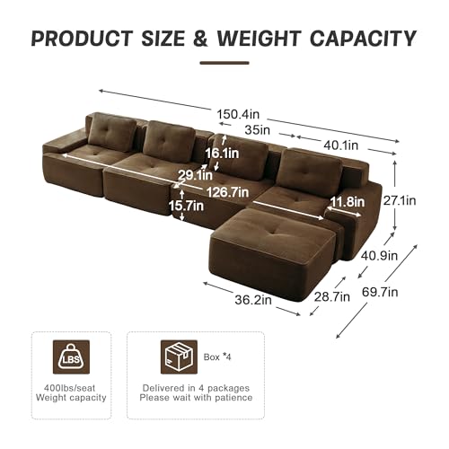 Image of 153 inch L-Shaped 4-Seater Modular Boneless Couch with Ottoman, Soft Corduroy Cloud sectional Sofa, Oversized Deep Seat, No Assembly Anti-Slip Stable Sofa, Brown