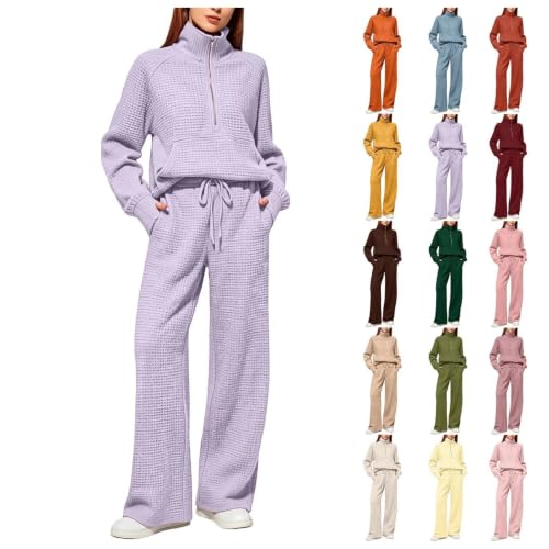 XINGJIAARTS Sweatsuits Women 2 Piece Outfit Waffle Knit Half Zip Oversized Sweatsuits Lounge Matching Set with Thumb Holes Purple Medium - image 1