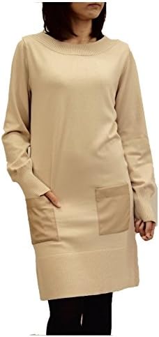Amazon Co Jp Vicino A Lei ヴィッチアレイ No55 263合皮パッチポケット付きリブラウンドネック長袖ニットワンピース ベージュ 服 ファッション小物