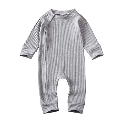 FIOMVA Unisex Baby Girl Boy Clothes Long Sleeve Romper Bodysuit Solid Ribbed Jumpsuit One Piece Pajamas Fall Winter Outfit (Zipper-Grey,0-3 Months)