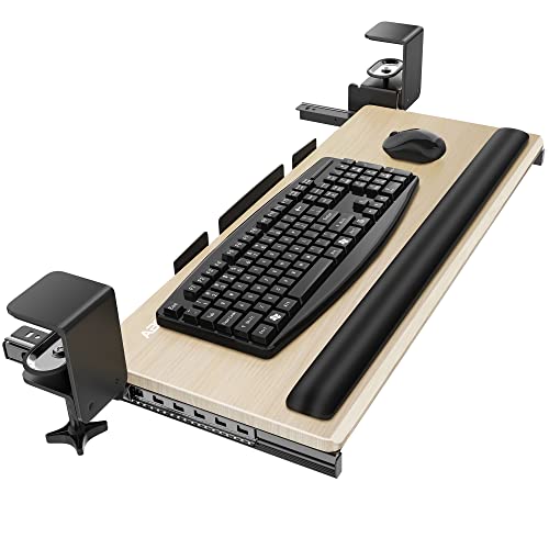 AboveTEK Large Keyboard Tray Under Desk with Wrist Rest, 26.7"×11" Ergonomic Desk Computer Keyboard Stand with Sturdy C Clamp Mount System, Slide-Out Drawer Keyboard Mouse Holder for Office (Birch)