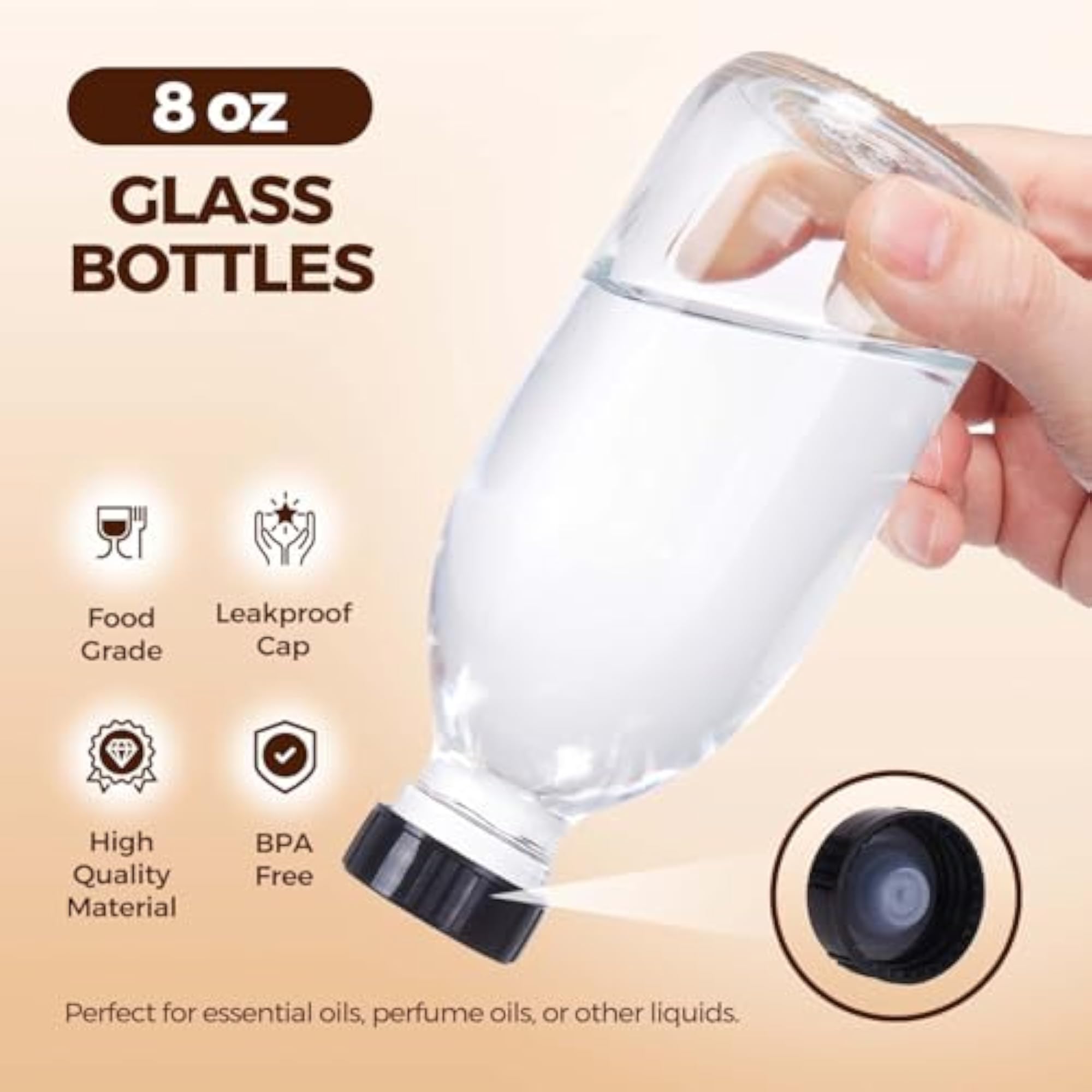 12 Pack 8 OZ Clear Glass Bottles with Caps, Leakproof Containers