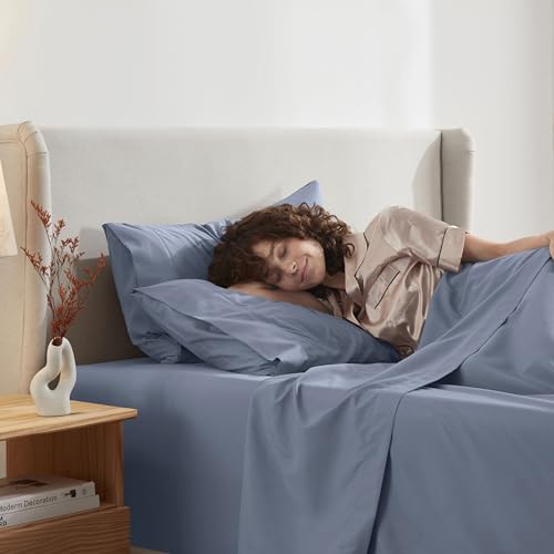 Image of Nestl King Bed Sheet Set - Stone Blue - 4-Piece Deep Pocket | Instantly Soft, Night-One Ready (No Wash Required). Fits 16-Inch Deep Pockets, 360-Degree Elastic Grip