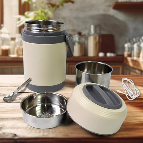 Image of USB Electric Heated Lunch Box - 2L Stainless Steel Food Warmer with Constant Temperature Heating, Leakproof Thermal Jar for Office, School & Travel