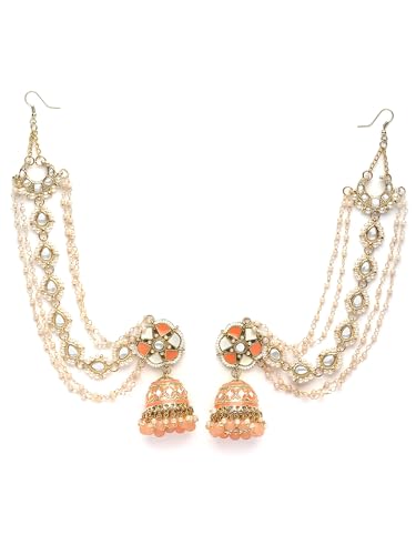 Image of Karatcart Gold Plated Pearl Chain Kundan Kaanchain Earrings for Women