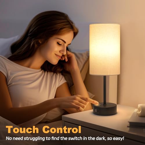Bedside Lamps Touch Control, 3-Way Dimmable Table Lamp with USB A+C Charging Ports (Black Base-Beige Shade) - Image 4
