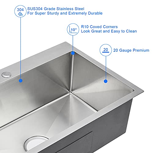 Menatt 28 Inch Drop-In Kitchen Sink, 304 Stainless Steel Topmount Handmade Kitchen Sink, Single Bowl Workstation Sink With Drain Kit (Brushed), 28"X18"X9" #TOP3