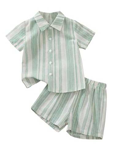 Image of SweatyRocks Boy's 2 Piece Summer Vacation Outfits Short Sleeve Collar Button Down Shirt and Shorts Clothing Set