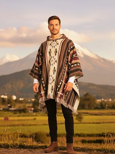Image of Wool Poncho Adult Ponchos With Hood for men Alpaca Poncho Men Artesanal Ponchos Adult Alpaca Mens Panchos