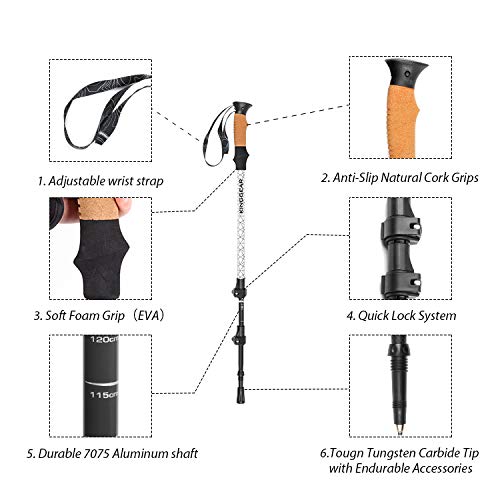 KINGGEAR Trekking Poles, Collapsible Adjustable Walking Sticks, Lightweight 7075 Aluminum, Quick Flip Lock, Anti-Sweat Cork, Tungsten Tips for Hiking, Nordic Walking and Cross Trekking(White) - Thumbnail 3