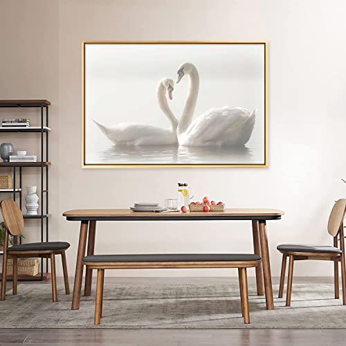 Canvas Wall Art A Pair Romantic White Swans Framed Wall Art Prints Painting Animal Pictures For Living Room Bedroom Home Office Kitchen Wall Decor Artwork Abstract Paintings With Aluminum Gold Frame For Home Modern Decoration 12X18Inch #TOP5