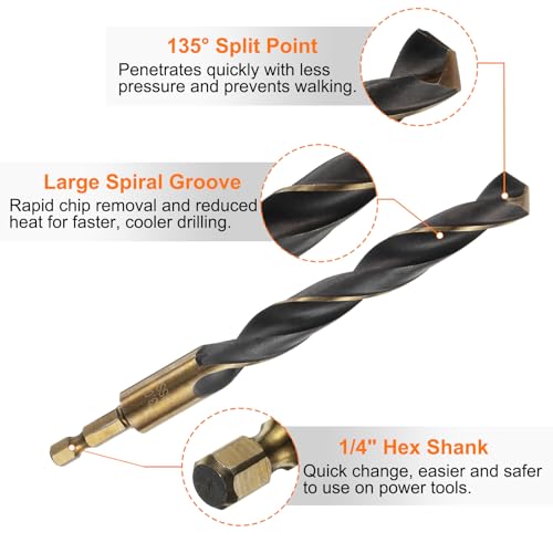 QUARKZMAN 4 Stück Metall Spiralbohrer 13mm, Gold Titanium & Schwarz Nitride Beschichtet 4341 HSS Bohrer mit 6,35 mm Sechskantschaft, Jobber Bohrer Für Edelstahl, Metall