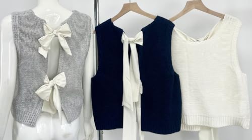 Image of chouyatou Women's Y2K Backless Crop Sweater Vest Back Tie Knot Crewneck Sleeveless Knit Vest Tank Tops
