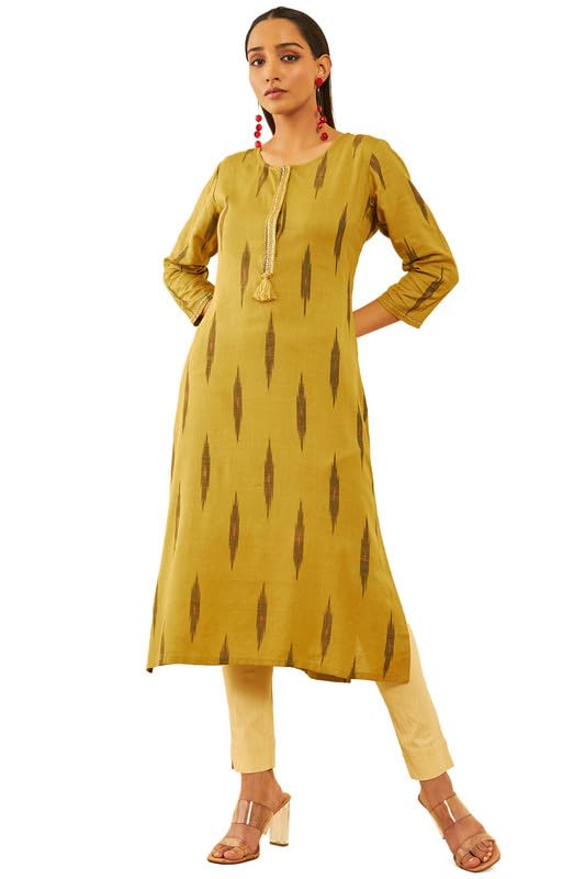 Image of Soch Womens Cotton Ikat Printed Straight Kurta with Sequins