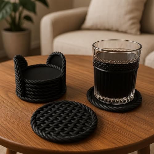 Bardak altlığı ve Sepeti Dekoratif 7'lı set, Hasır Desenli Bardak Altlığı, Bar, Oturma Odası ve Mutfak için Dayanıklı Bardak Altlığı, Hiçbir Zararlı Madde içermez (Siyah)