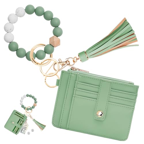 Image of KNGITRYI Wristlet Wallet for Women,RFID Keychain Wallet with Beaded Strap | 8 Card Slots,ID Window,Zipper Pocket,Leather Tassel,Compact Design