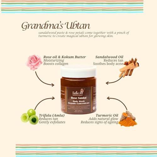 Rustic Art Rose Sandal Body Wash Concentrate | Sulphate & Paraben free Castile Soap | Moisturizing & Nourishing & Gentle Exfoliation | For Women & Men | 200g