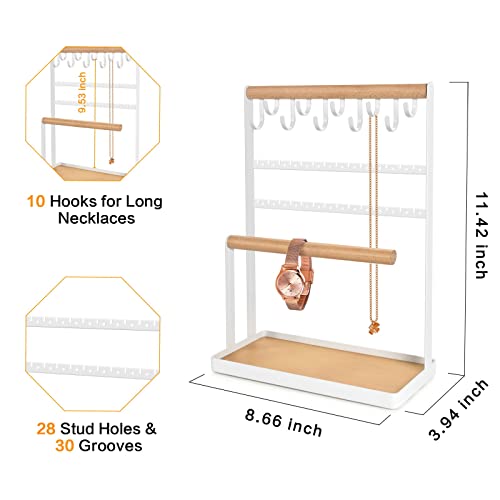 Geamsam Jewelry Stand Earring Organizer Necklace Holder 5 Tier 10 Hooks Stud Holes, Wooden Ring Tray Bracelet Hanging Holder Display For Girl Women Storage Present #TOP1