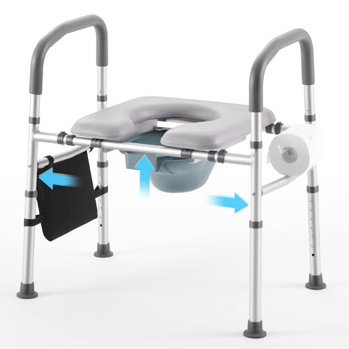 Bedside Commode for Seniors, Bedside Commodes with Adjustable Width and Height, 400 LBS Weight Capacity, 16.9 Inch Extra Large Soft Seat Plate