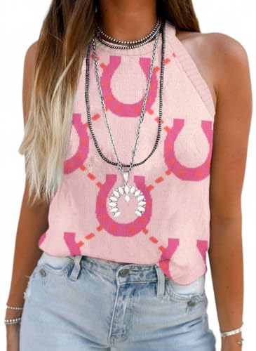 Image of MARZXIN Women Sleeveless Sweater Tank Round Neck Casual Aztec Geometric Knit Sweater Top