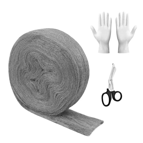 QINGYIWL Stahlwolle 0000, 20m Stahlwolle Gegen Mäuse mit Handschuhe und Schere, Mäuseabwehr für Löcher und Wand Risse, Reinigen und Polieren