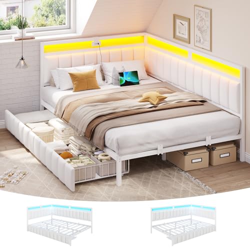 DICTAC Polsterbett Schlafsofa 140x200 mit 2 Schubladen und USB-Ladestation Betten 140x200 mit LED-Beleuchtung & Lattenrost aus Metall,Tagesbett, Doppelbett, Gästebet, Leinen - ohne Matratze,Weiß