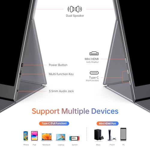 15.6-Inch Portable 1080P USB-C HDMI Monitor for Laptop, PC, Mac, Phone, PS, Xbox, and Switch with Ultra-Thin Design and Smart Cover