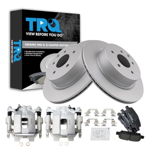 Image of TRQ Rear Brake Pad and Rotor Set Ceramic Coated Rotors Calipers Compatible with 2011-2012 Infiniti G25 2011-2013 G37 2015 Q40 2010-2017 Nissan 370Z