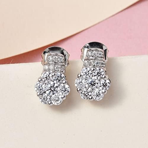 GP Moissanite and Blue Sapphire Floral Stud Earrings for Women with Push Back in Platinum Plated 925 Sterling Silver Prong Setting Designer Gift for Nature Lover Metal Wt. 4 Grams