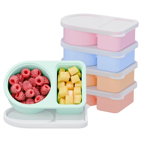 Image of 5 Pack Silicone Snack Containers, 2 Compartments Reusable Snackle Box with Lids, 8 oz, Rainbow