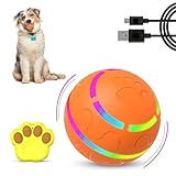 PawZazz New Interactive Dog Toy with Remote Control and LED Flash Light, Self Rolling USB Rechargeable Ball That has 2 Modes, Motion Activated Ball Toys for Dogs/Cats with 2 Work Modes - Orange