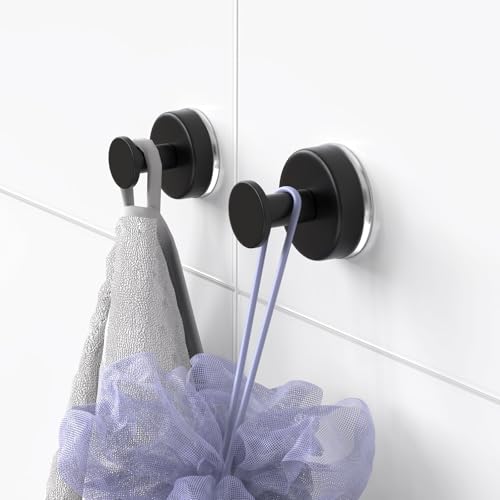 Image of HUFEEOH Suction Cup Hooks for Shower, Towel Hooks Wall Hooks for Hanging, Removable Towel Holder for Bathroom, Kitchen, Glass Door, Mirror, Tile (2 Pack O Shape - Black)