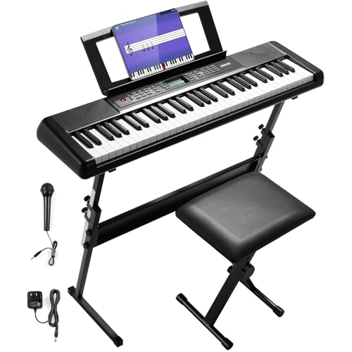 LIFERUN 61 Key Piano Keyboard, Electric Keyboard Piano Kit with Stand, Foldable Bench, Holder, Microphone, LCD Screen, Dual Speakers-Ideal Piano for Beginners and Masters, Kids and Adults